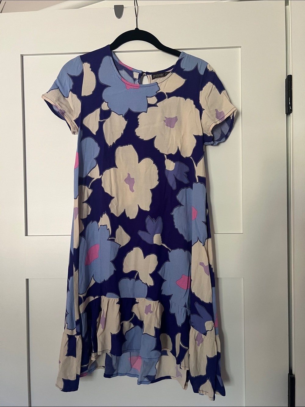 Mister Zimi Navy Floral Ruffle Hem Dress with Cream, Light Blue & Pink Accents